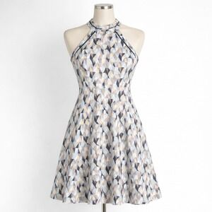 Geometric Print 100% Cotton Halter‎ Midi Dress Size M Pockets Boho Coastal Twee